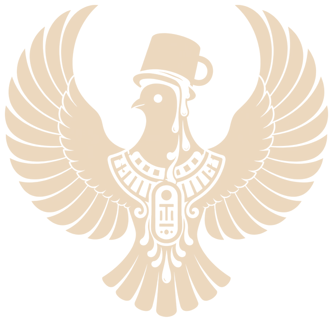 The AHWENU'S COFFEE logo: a bird with outspread wings, wearing a coffee cup