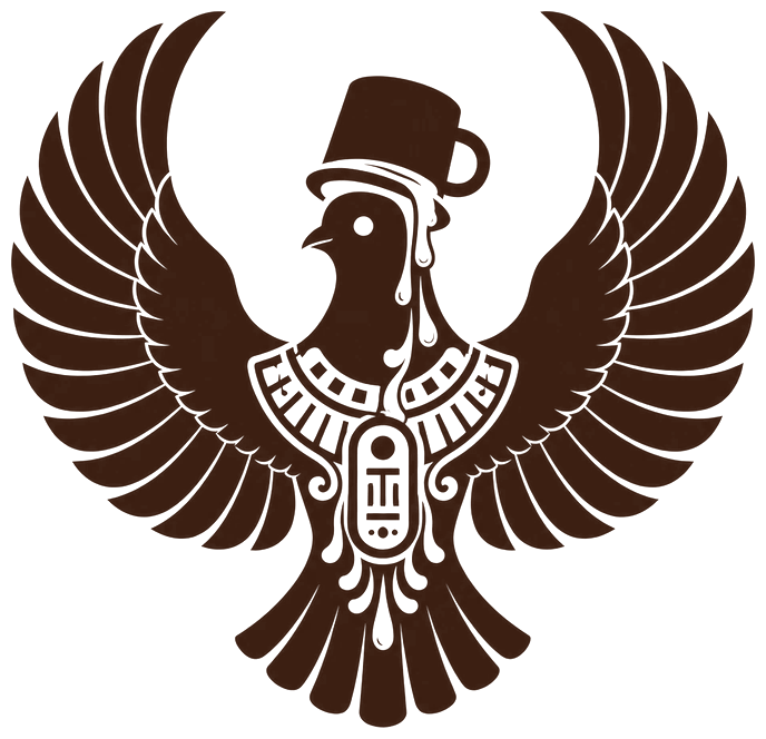 The AHWENU'S COFFEE logo: a bird with outspread wings, wearing a coffee cup
