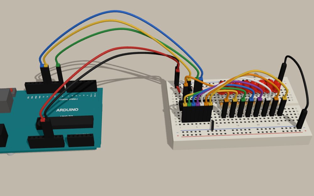 マイコン配線 3D の画面。Arduino とブレッドボードの配線を 3D で表示している